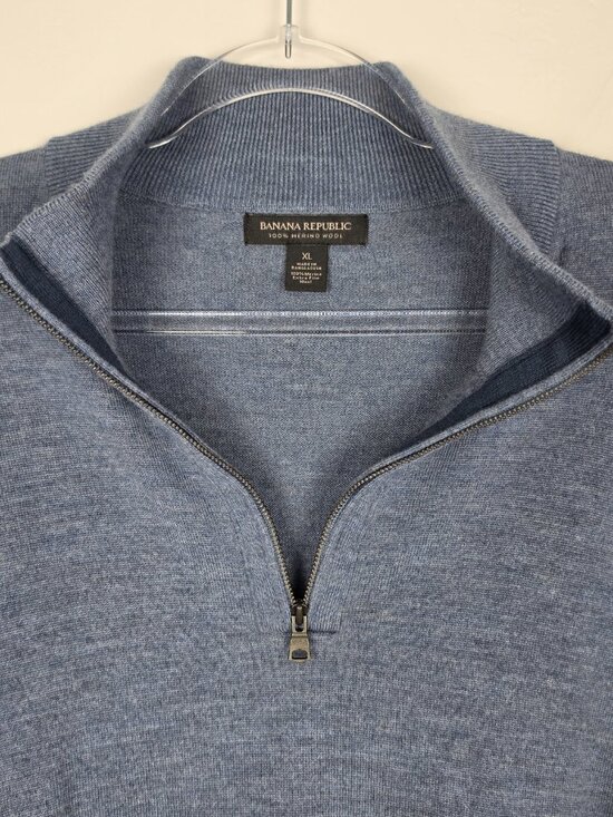 Banana Republic Men's Sweater Merino Wool Quarter Zip Blue Heathered Size XL - Picture 9 of 11